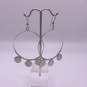 Silver Hoop Earrings With Hammered Round Disc Charms NEW